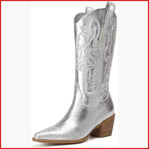 Women's Embroidered Western Boots Pointed Toe Chunky Heel Knee-High